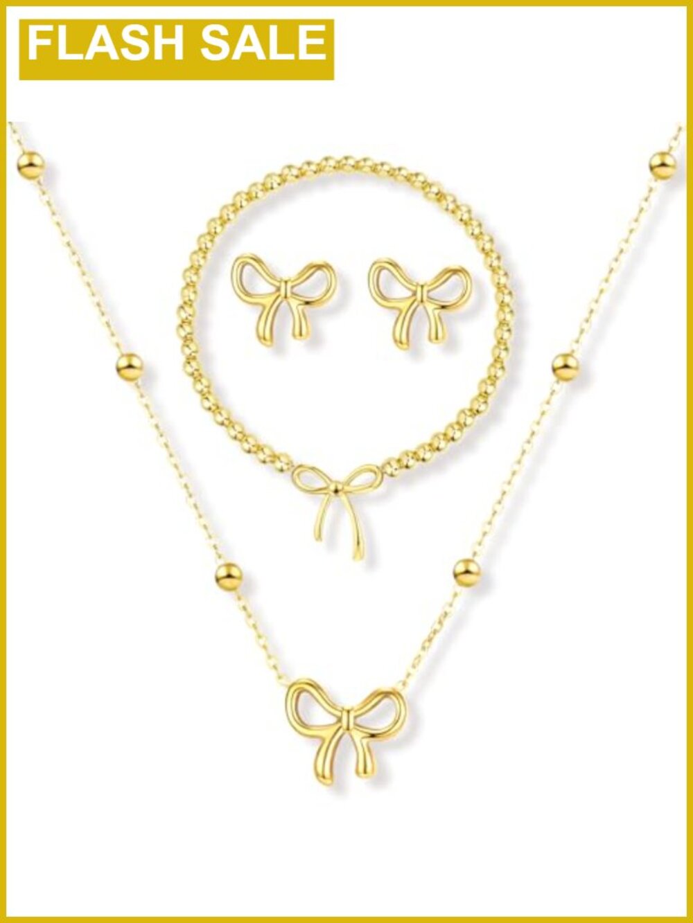 Gold Bow Jewelry Set for Women Necklace Bracelet Earrings Stainless Steel 14K